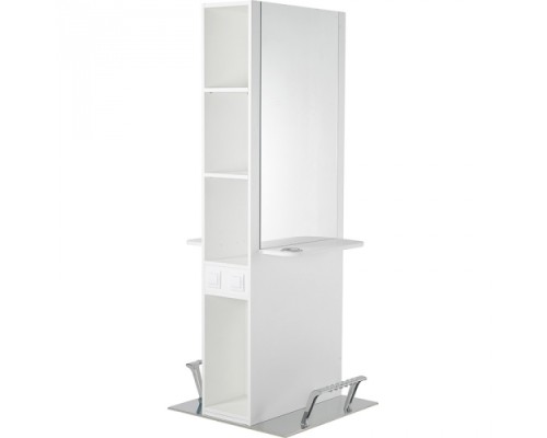 Mobilier Coafor - Post de lucru coafor SELENE Post de lucru coafor SELENE central, MDF mat/lucios, bază metalică, oglindă, polițe și rafturi, suport picioare, prize laterale | mobiliersalon.ro