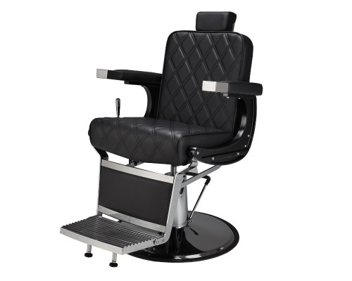 Scaun frizerie DUKE cu spătar rabatabil, tetieră detașabilă și pompă hidraulică – mobilier barber profesional negru